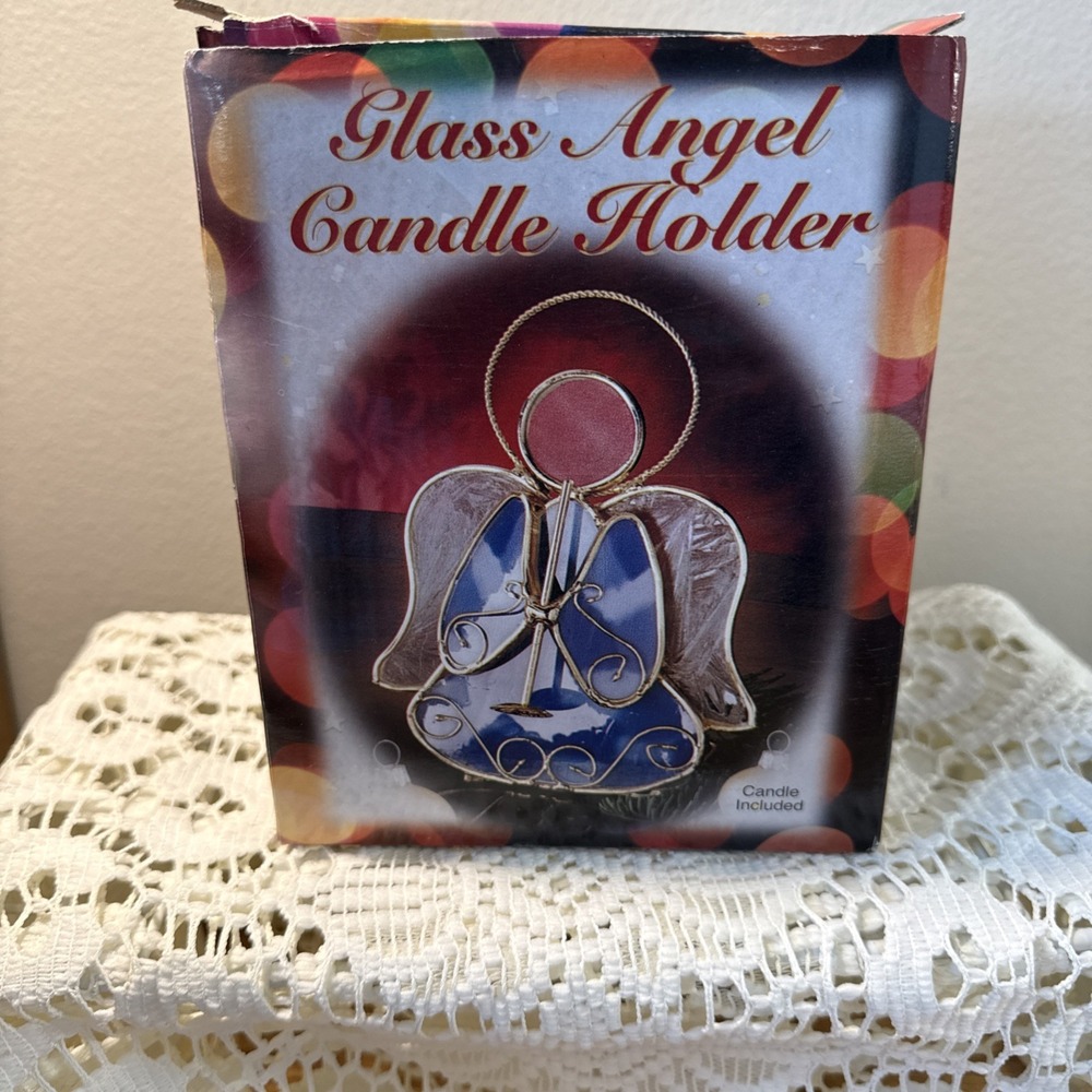Stained Glass Angel Votive Candle Holder Tea Light Blue Christmas